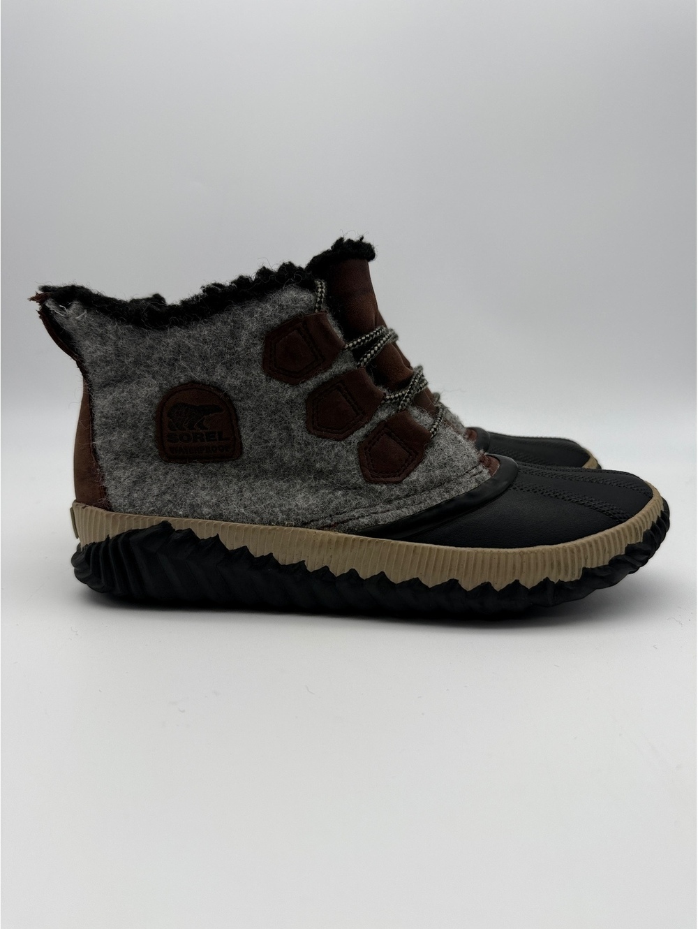 Sorel Out N About Plus Womens Waterproof Duck Boots Gray Felt Leather Size 8.5
